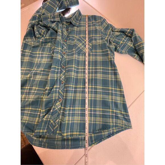 Cabela’s women’s 2XL flannel button up teal yellow - Picture 4 of 7